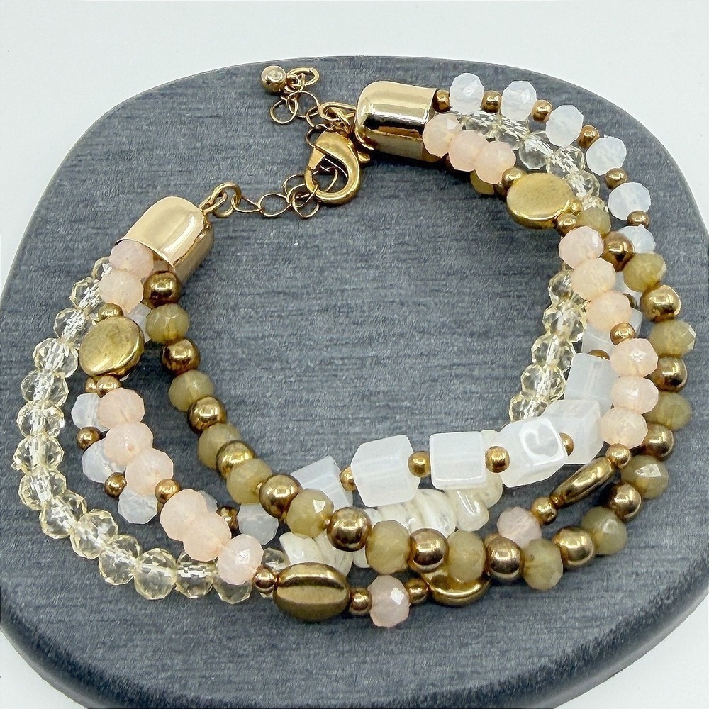Gold Tone Multi Strand Beaded Statement Bracelet Peach White Bohemian Layered